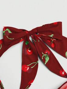 Sweetra Đầm chữ A xếp ly in họa tiết quả anh đào, kiểu cổ yếm, thắt eo, cỡ lớn - Màu Đỏ Sâu - Xem 4