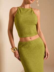 SHEIN BAE Women's Green Cropped Camisole And Mini Skirt Elegant 2 Pieces Set, Spring/Summer - Green - View 7