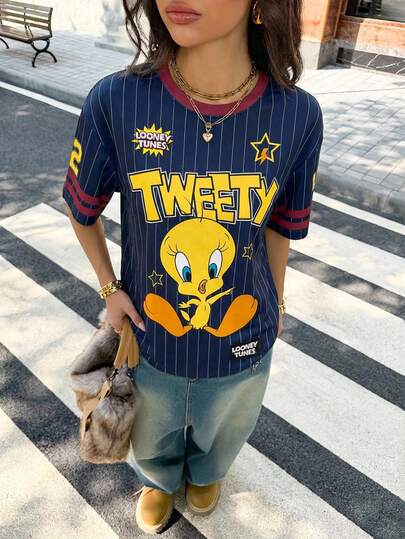 LOONEY TUNES X SHEIN Women's Round Neck Short Sleeve Casual Versatile T-Shirt