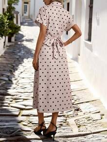 Rafferiza Women's Elegant Shirt-Style Polka Dot Dress With Tie-Up Detail, Light Pink Polka Dot Dress, Women's Elegant Dress With Tie-Up Waist, Slimming Dress, Women's Pink Polka Dot Dress, Women's Button Dress, Women's Everyday Commuting Versatile Dress, Women's Spring And Summer Elegant Dress, Women's Casual And Outing Dress. - Baby Pink - View 2