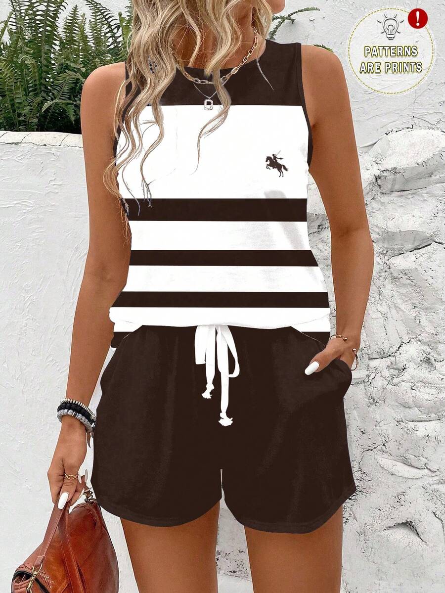 SHEIN LUNE 女士休闲圆领背心短裤两件套，适合夏季穿着 - 彩色 - 查看 1