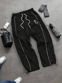 Sport MetroGents 男士十字印花抽绳腰宽松运动裤 - 黑色 - 查看 3