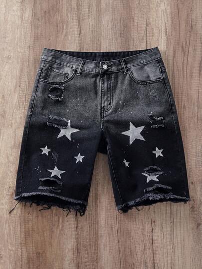 Manfinity Joysei Men's Star Print Distressed Denim Shorts Graphic Denim Jorts Baggy Star Party Dark Grey Denim Shorts, For Husband, Boyfriend Gifts Going Out Urban Vacation Tropical Street