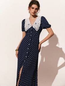 Poéselle Women's Polka Dot Pattern Short Petal Sleeve Single-Breasted Elegant Long Dress - Navy Blue - View 1