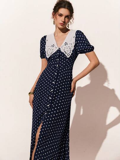 Poéselle Women's Polka Dot Pattern Short Petal Sleeve Single-Breasted Elegant Long Dress