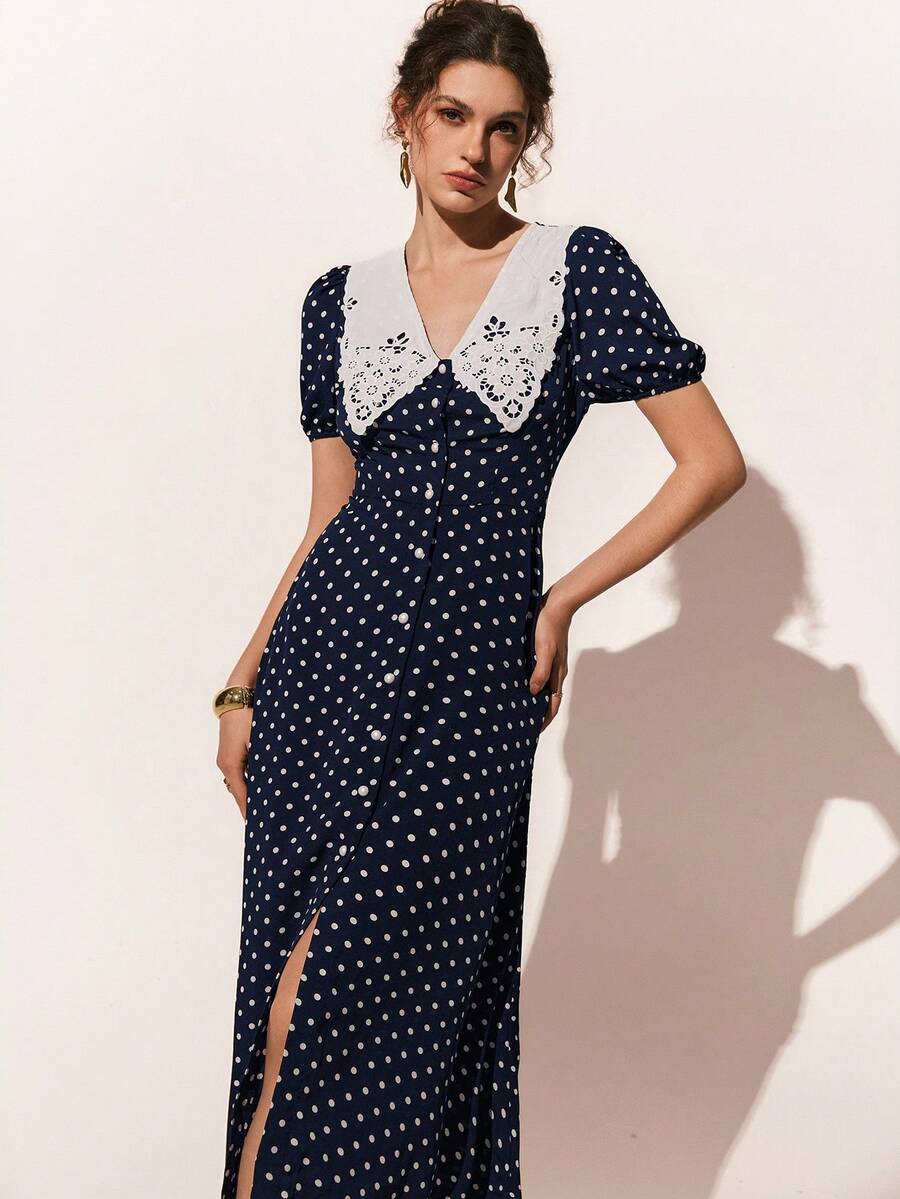 Poéselle Women's Polka Dot Pattern Short Petal Sleeve Single-Breasted Elegant Long Dress - Navy Blue - View 1