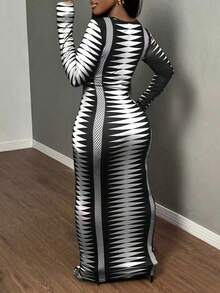 SHEIN SXY Plus Size Women Tight Fitting Abstract Print Long Dress - Black and White - View 2