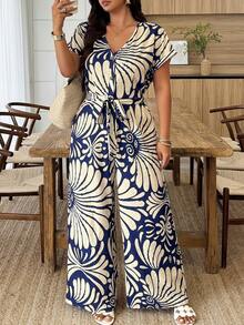 Weeklong V-Neck Printed Tie-Waist Jumpsuit, Casual Vacation & Daily Wear Jumpsuit, Spring/Summer - Multicolor - View 4
