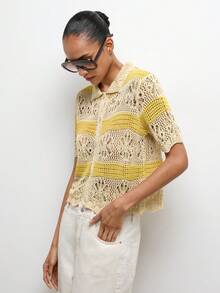 Áo khoác cardigan không tay nhẹ, chất liệu dệt kim thoáng khí, viền ren, phong cách boho bãi biển MAIJA. - Màu be - Xem 5