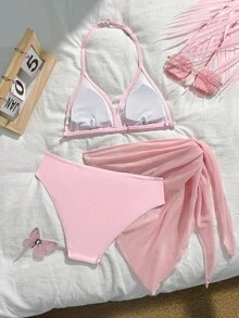 SHEIN 3件套女童/女孩黑色系列泳衣套装，沙滩度假派对，春夏款 - 粉色 - 查看 2