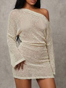 SHEIN BAE Women's Summer Sexy Bohemian Beach Vacation Crochet Casual Asymmetric Shoulder Dress, Summer Dress, Summer, Sheer Mesh Dress,Sexy,Summer Dresses For Women - Beige - View 6
