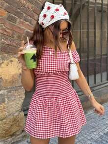 SHEIN EZwear New Summer Festival Dress Beach Outfits Women's Fashion Red Plaid Woven Asymmetric Shoulder Dress Holiday - Red and White - View 11