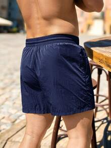 Manfinity Swimmode 男款抽繩腰口袋休閒海灘短褲 海軍藍泳褲 男士泳褲 抽繩男士海灘短褲 度假款 - 藏蓝色 - 查看 2