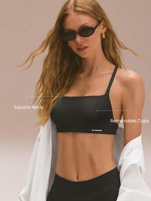 GLOWMODE FeatherFit™晨曦交叉露背可拆卸胸垫方领吊带运动文胸，适合低强度瑜伽、普拉提、健身房锻炼及日常运动穿着 - 黑色 - 查看 2