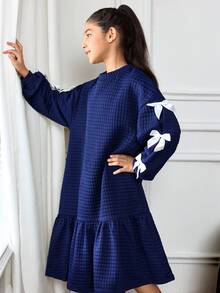 Tween Girl Casual Sports Elegant Contrast Color 3D Bow Ribbon Bow Loose Oversize Drop Shoulder Patchwork Ruffle Hem Long Sleeve Textured Plaid Embossed Sweatshirt Dress, Navy Blue Autumn Winter Clothes For Women Navy Blue Girl Dress Girls Long Sleeve Dress Modest Girls Dress Quilted Navy Dress Girls Dress - Navy Blue - View 6