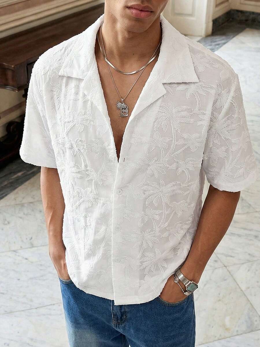 Manfinity Unisex Áo sơ mi nam tay ngắn, màu trơn, kiểu dáng thường ngày, cài cúc phía trước, đa năng. - trắng - Xem 1