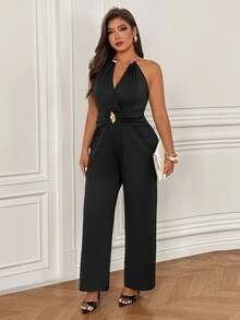 Femmeverse Plus Size Women's Sleeveless V-Neck Sexy Slim Long Jumpsuits - Black - View 6