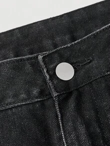 SHEIN MOD Women's Heart Embroidered Pocket Wide Leg Loose Casual Versatile Jeans - Black - View 5