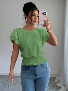 Selianne Camiseta de mujer de manga con volantes y cuello redondo, estilo casual de verano y jacquard - Verde - Ver 6