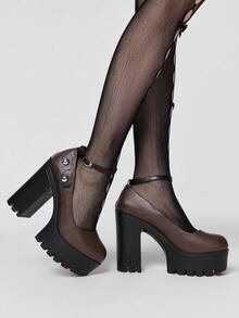 Sugerpunk Women's Leopard Print Thick Sole Buckle Design High Heel Shoes, Suitable For Party Occasions Valentine's Day - Coffee Brown - View 4