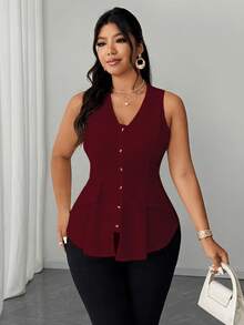 Elenzga Áo kiểu nữ cỡ lớn thanh lịch, đa năng, cổ chữ V, có túi phía trước, không tay, thích hợp mặc hàng ngày, mùa xuân/hè, năm 2025. - Màu Đỏ Sâu - Xem 3