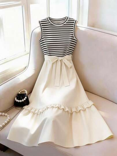 Franclia Women's Mid-Length Knit Striped Patchwork Dress, Solid Color Fabric, Ruffle Hem. Sleeveless Dress Design, Casual Chic, Elegant Mid-Length Dress For Women