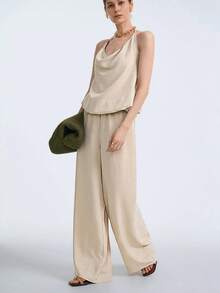 Aalyst Women's Fashionable Sleeveless Deep Draped Neck Loose Casual Jumpsuit, Romantic & Elegant For Daily Wear, Commute, Date, Party, Dining, Spring/Summer - Apricot - View 6