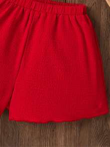 Young Girl Casual Vacation Round Neck Sleeveless Top And Shorts Set - Red - View 5