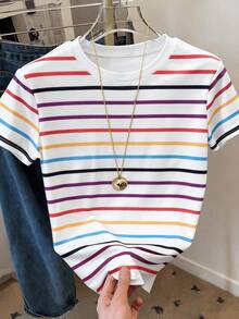 Resyla Camiseta de mujer de manga corta con cuello redondo y estampado de rayas, adecuada para vacaciones de verano y uso diario - Multicolor 15 - Ver 3