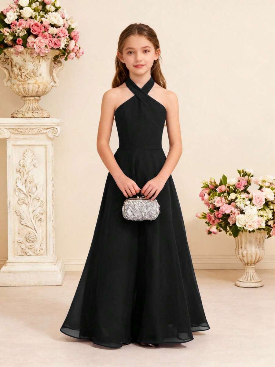 Pitira Tween Girls Elegant Halter Dress, Flower Girl Wedding Party Gown - Black - View 1