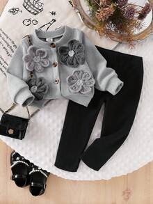 SHEIN 2 pièces Ensemble de veste longue à manches longues côtelée avec décor floral et pantalon de couleur unie pour tout-petites filles, tenue de détente casual pour le printemps et l'automne - Gris - Voir 1