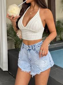 Sunnyshic Quần short denim nữ kiểu dáng thường ngày, bạc màu và rách rưới, thích hợp cho mùa hè. - Màu xanh lam - Xem 4