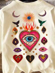 DrmWander Mysterious Evil Eye Heart T-Shirt: Bohemian Folk Art Print T-Shirt - Apricot - View 3
