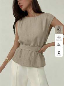 Aloruh Áo sơ mi nữ mùa hè thoải mái bằng vải lanh, áo sơ mi công sở cổ thuyền tay lệch màu trơn thắt eo, áo sơ mi dáng ôm cho mặc hàng ngày, áo sơ mi nữ thanh lịch, đồng phục giáo viên, áo sơ mi đi học, áo sơ mi công sở đơn giản - Màu be - Xem 8