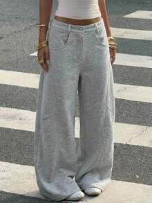 Muchica 女士休闲口袋纽扣阔腿裤，日常百搭 - 灰色 - 查看 1