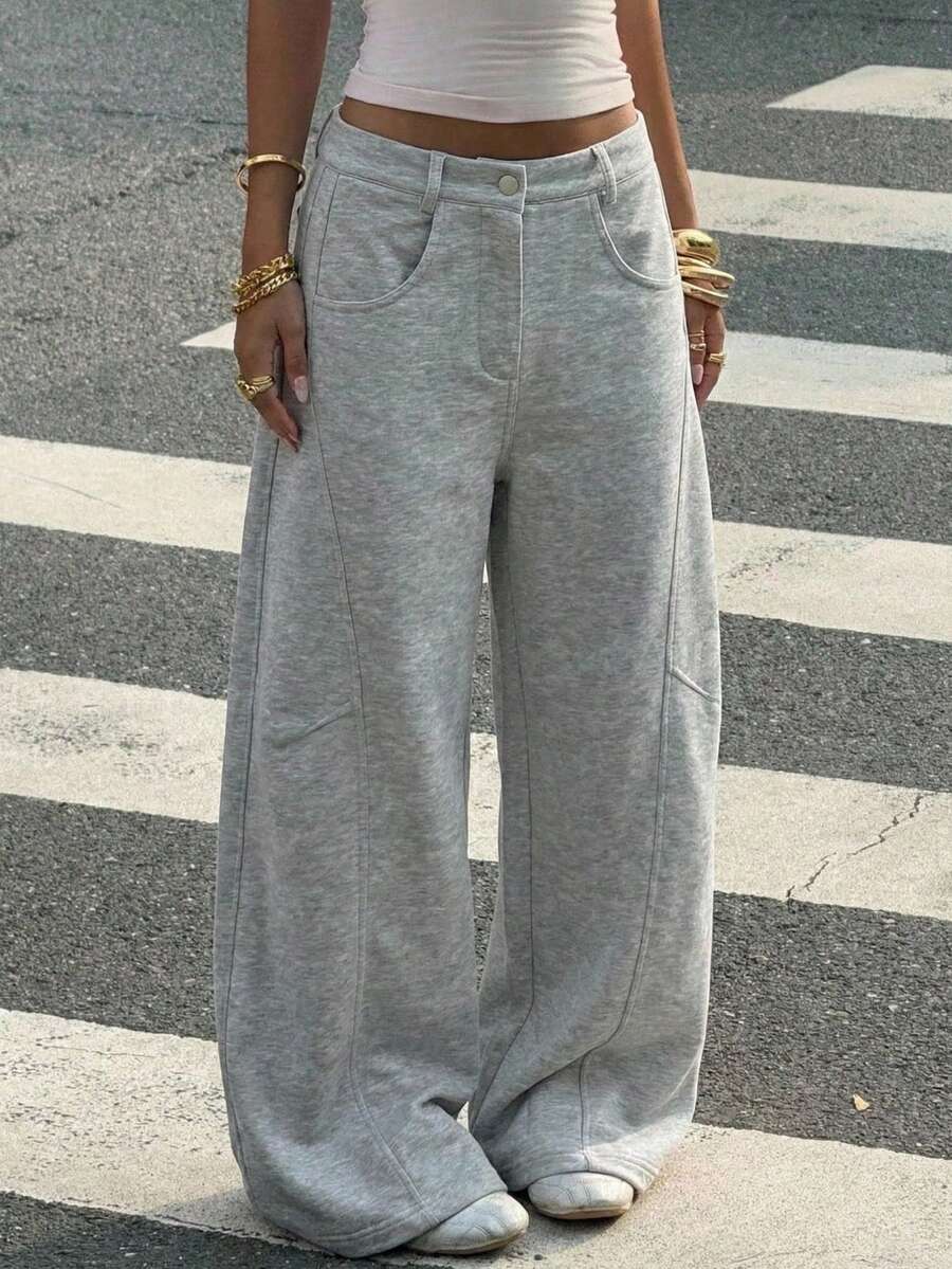 Muchica 女士休闲口袋纽扣阔腿裤，日常百搭 - 灰色 - 查看 1