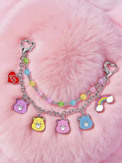 SHEIN X Care Bears Fashionable Cute Zinc Alloy Bag Charms,Handmade Beading Keychain, Pendants, Souvenirs, Collectibles, For Gifts, Wallets, School Bags, Backpacks,Car Accessories,Candy Colored Bears,Heart-Shaped Pendant