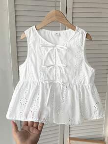 SHEIN Tween Girls' Casual Everyday Vacation Textured Bow Front Blouse - White - View 7