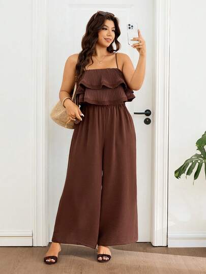 Lounesse Plus Size Women Spaghetti Strap Ruffle Hem Pleated Jumpsuit, Casual Plus Size Brown Jumpsuit