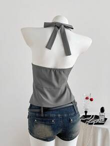 SHEIN EZwear Áo ba lỗ buộc dây phía trước màu trơn mùa hè cho nữ, trang phục công sở dành cho nữ - Xám - Xem 2