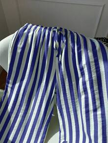 SHEIN EZwear 女士条纹抽绳腰带休闲百搭阔腿裤，适合日常穿着 - 藍白色 - 查看 6