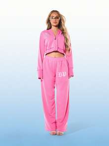 BABYPHAT Women's Pink Straight Leg Joggers With Angel Wing Graphics And Text Print Casual Sweatpants For Loungewear And Streetwear - Pink - View 4