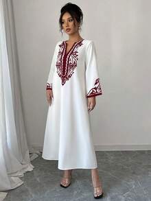 Elenzga Long Dress For Women, New Fashion Loose Retro Print Long Dress - Red and White - View 6