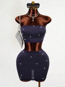 BamGleam Bộ đồ hai mảnh gợi cảm dành cho nữ, thích hợp dự tiệc hộp đêm, gồm áo croptop và chân váy ngắn đính đá màu trơn, kiểu dáng mùa hè. - Màu xanh hải quân - Xem 3