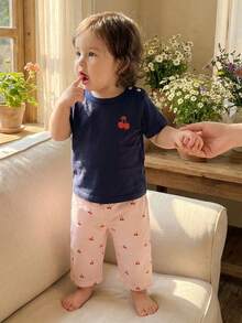 SHEIN Playful Pals 2件套新生儿休闲乡村风纯棉柔软舒适套装，适合春、秋、冬季穿着，时尚可爱，百搭，男女通用 - 藏蓝色 - 查看 7