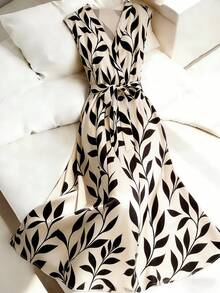 Franclia 女士时尚夏季初夏黑色树叶印花V领无袖束腰系带修身百搭休闲简约街头风舒适面料OL度假派对约会中长连衣裙 - 杏色 - 查看 1