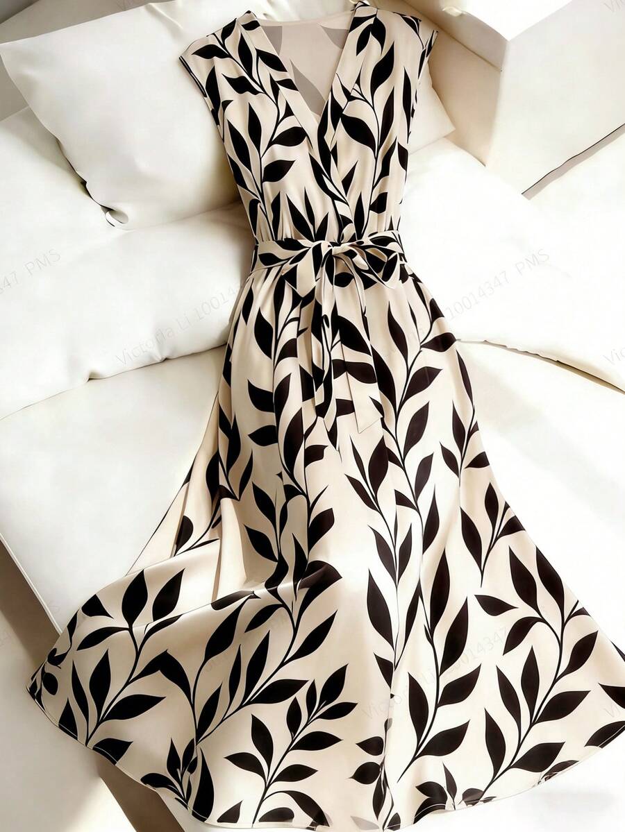 Franclia 女士时尚夏季初夏黑色树叶印花V领无袖束腰系带修身百搭休闲简约街头风舒适面料OL度假派对约会中长连衣裙 - 杏色 - 查看 1