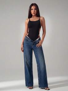 SHEIN PETITE Bộ đồ liền thân màu đen đan dây thời trang dành cho nữ - màu đen - Xem 3