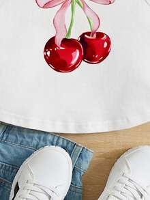 SHEIN Young Girl Cute Sweet Bow & Cherry Print Casual Minimalist Cartoon Pattern Sleeveless Round Neck Tank Top, Suitable For Summer - Multicolor - View 6