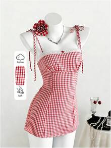 Sweetra 女士夏季新款优雅性感甜美蕾丝拼接红白格子收腰吊带蝴蝶结连衣裙半身裙 - 紅白色 - 查看 3
